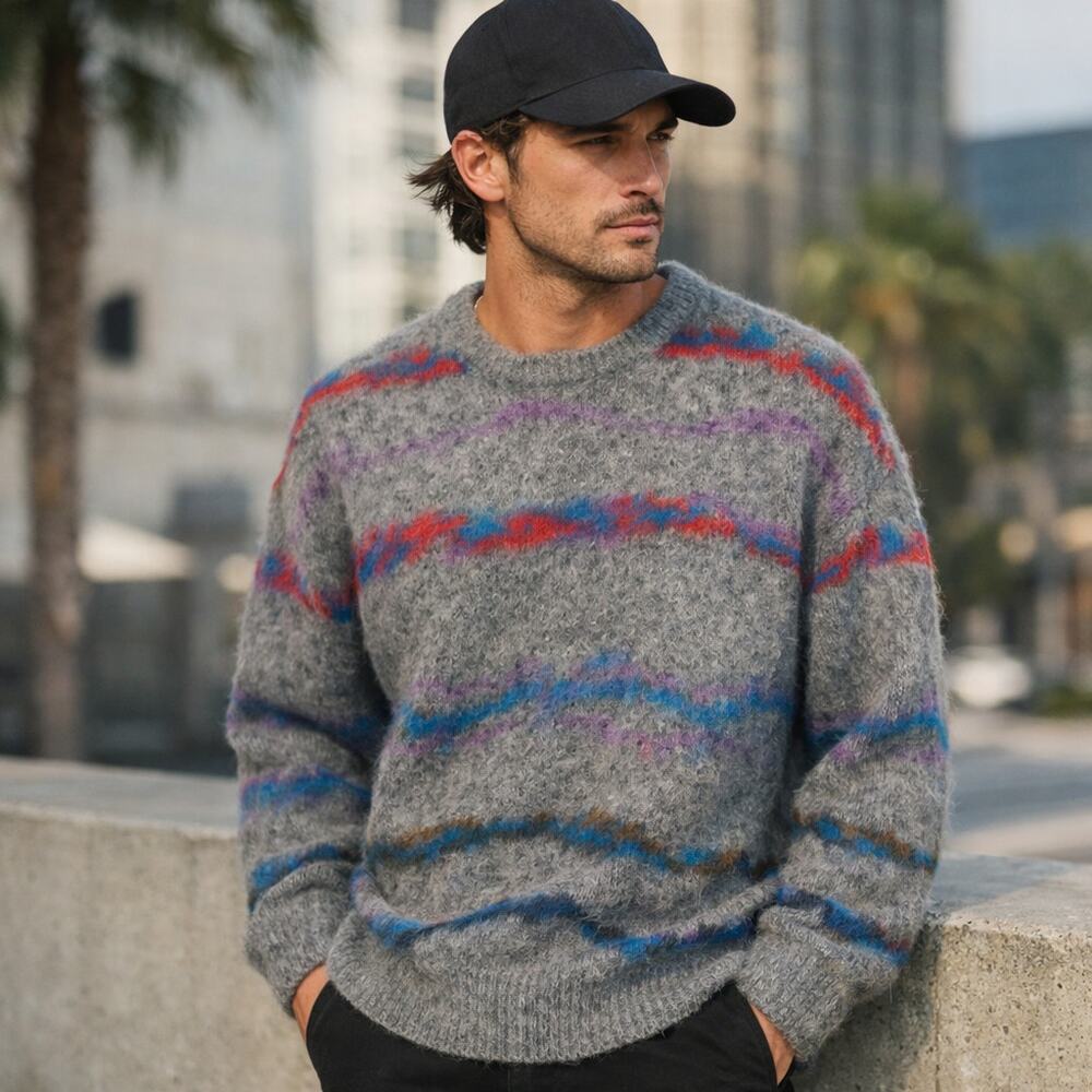 John Elliott Men's SZ M Mohair Jacquard Crew Sweater In Grey/Purple